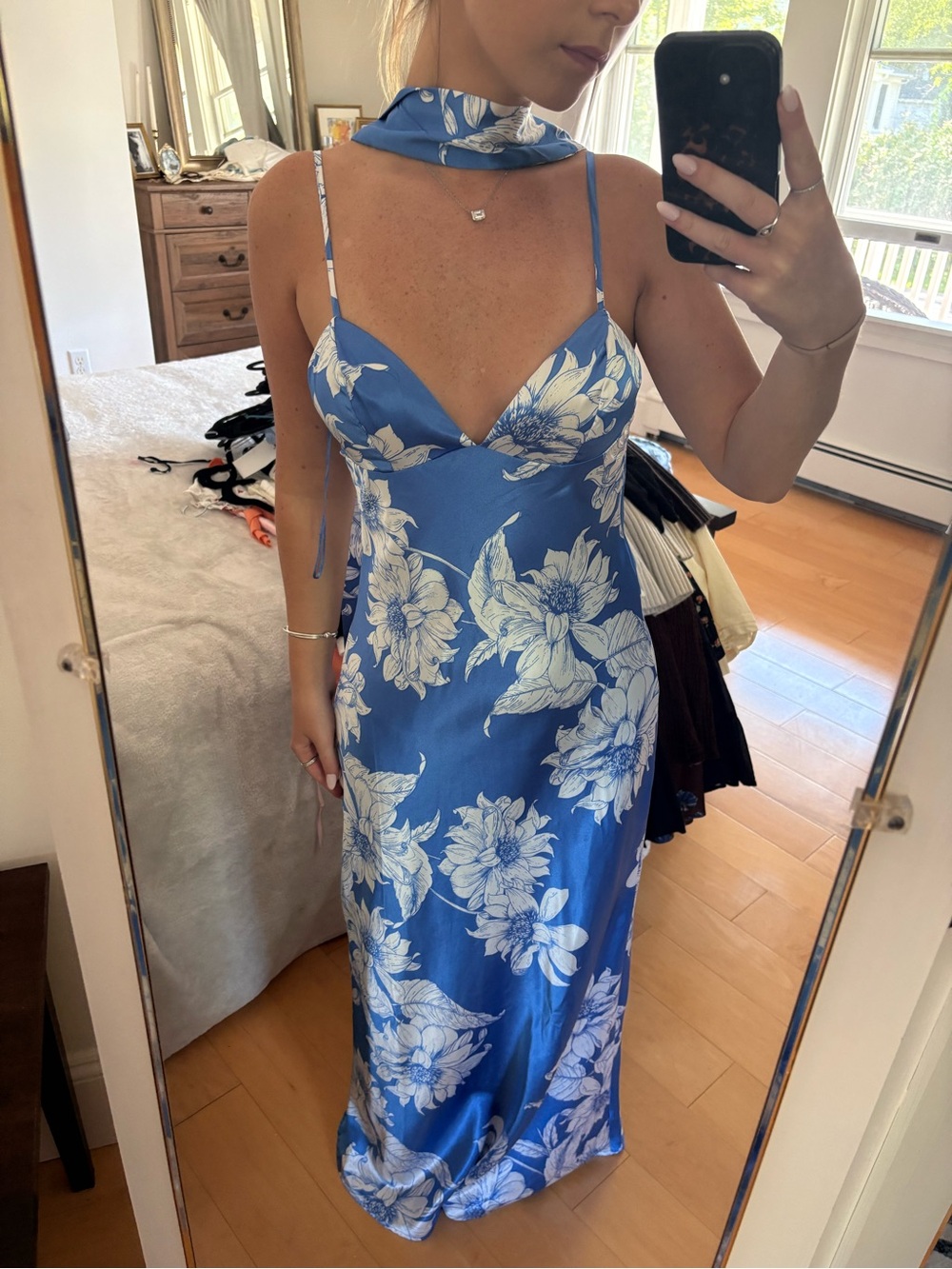 Blue Floral Slip Dress with Scarf Neck
